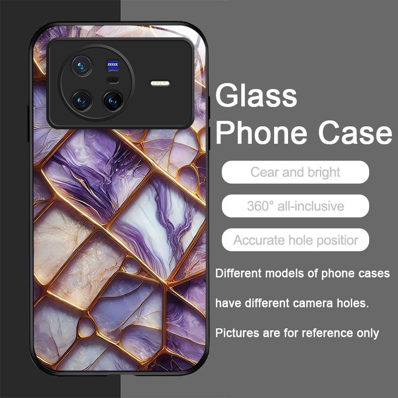 Stylish Purple-Crystal Marble Texture Tempered Glass Phone Case for OPPO Reno 13F 12 11 10 ProPlus Find X8 X3 Lite A58 A94 Cover