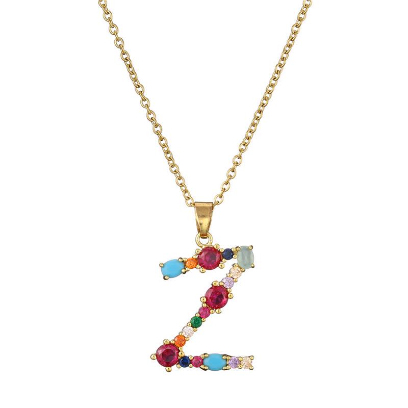 2021 Mixed Gemstone Inlaid Clavicle Necklace: 26-Letter Color-Preserving Electroplated Design for Women, Popular In Europe and America