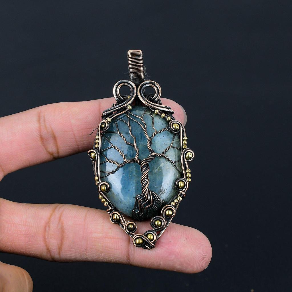 Tree Of Life Aquamarine Gemstone Pure Copper Wire Wrapped Handmade Pendant Jewelry For Her