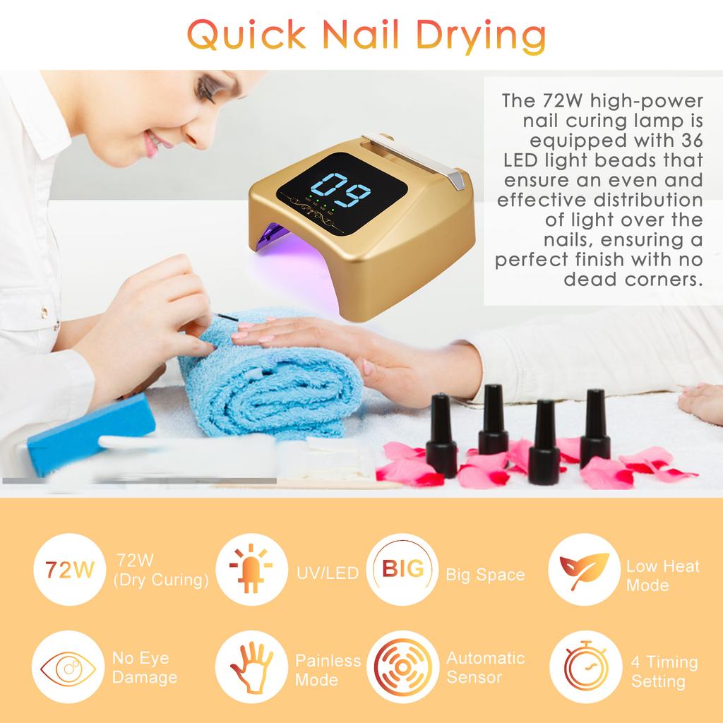 Lampă UV LED pentru unghii de 72 W Uscător de unghii cu gel cu uscare rapidă cu 4 setări de temporizator Senzor inteligent IR pentru unghii UV