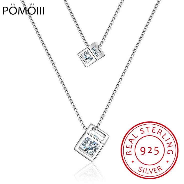 925 Sterling Silver Square Cube Zirconia Choker Statement Necklace For Women Double Layer Pendants & Necklaces S-n209