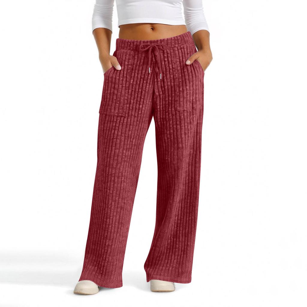 Women's Wide Leg Lounge Pants with Drawstring Waist, Soft Ribbed Knit Casual Relaxed Fit Trousers with Pockets