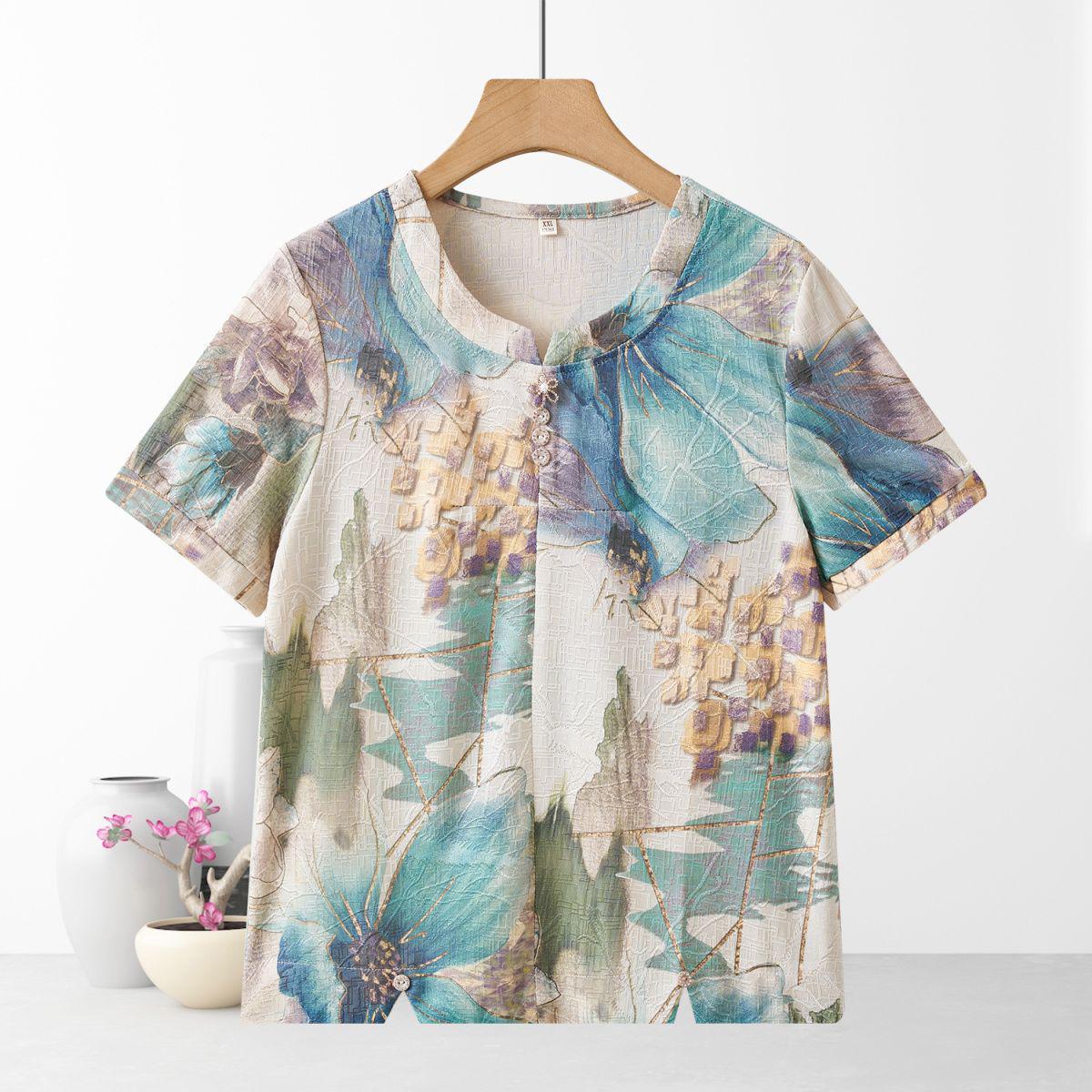 

2026 Summer Stylish Short Sleeve T-shirt Set for Middle-aged and Elderly Women 3XL ~95-105 jin