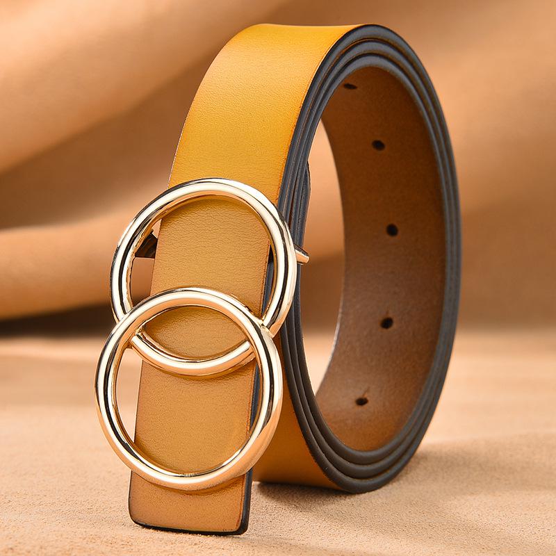 European and American spot popular belt women's and women's leather smooth buckle versatile double circle round buckle leather belt
