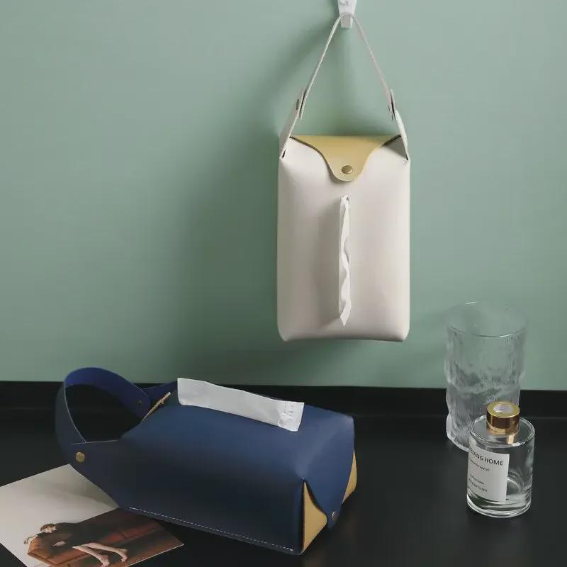 Nordic Style Hanging Leather Tissue Box for Home, Living Room, Dining Table, Bathroom, or Car.