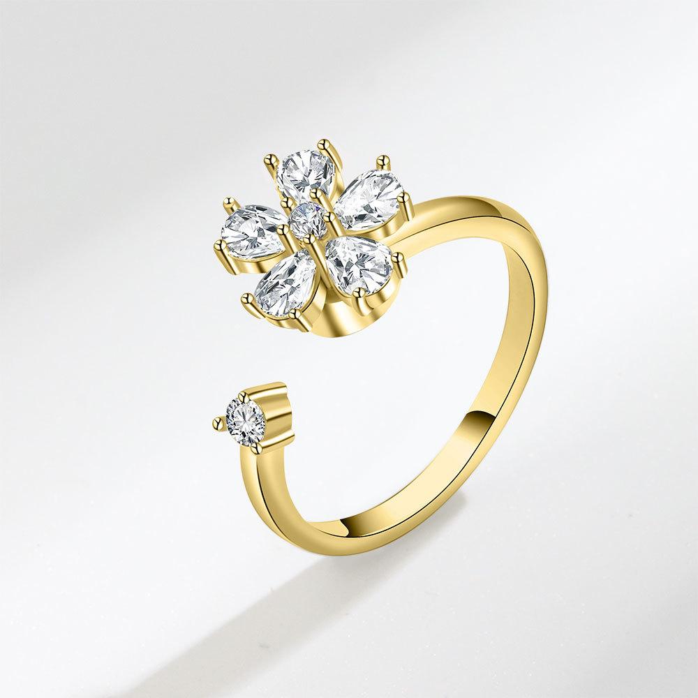 Blume Kupfer eingelegt funkelnde Strasssteine Drehbarer Damen-Verlobungsring Anti-Stress und Angstlinderung drehbarer Ring