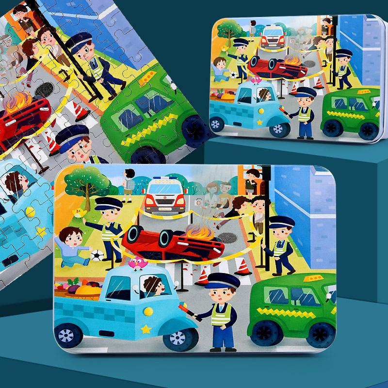 100-Piece Wooden Jigsaw Puzzle Tin Box for Children Ages 3-7: Educational Cartoon Toy