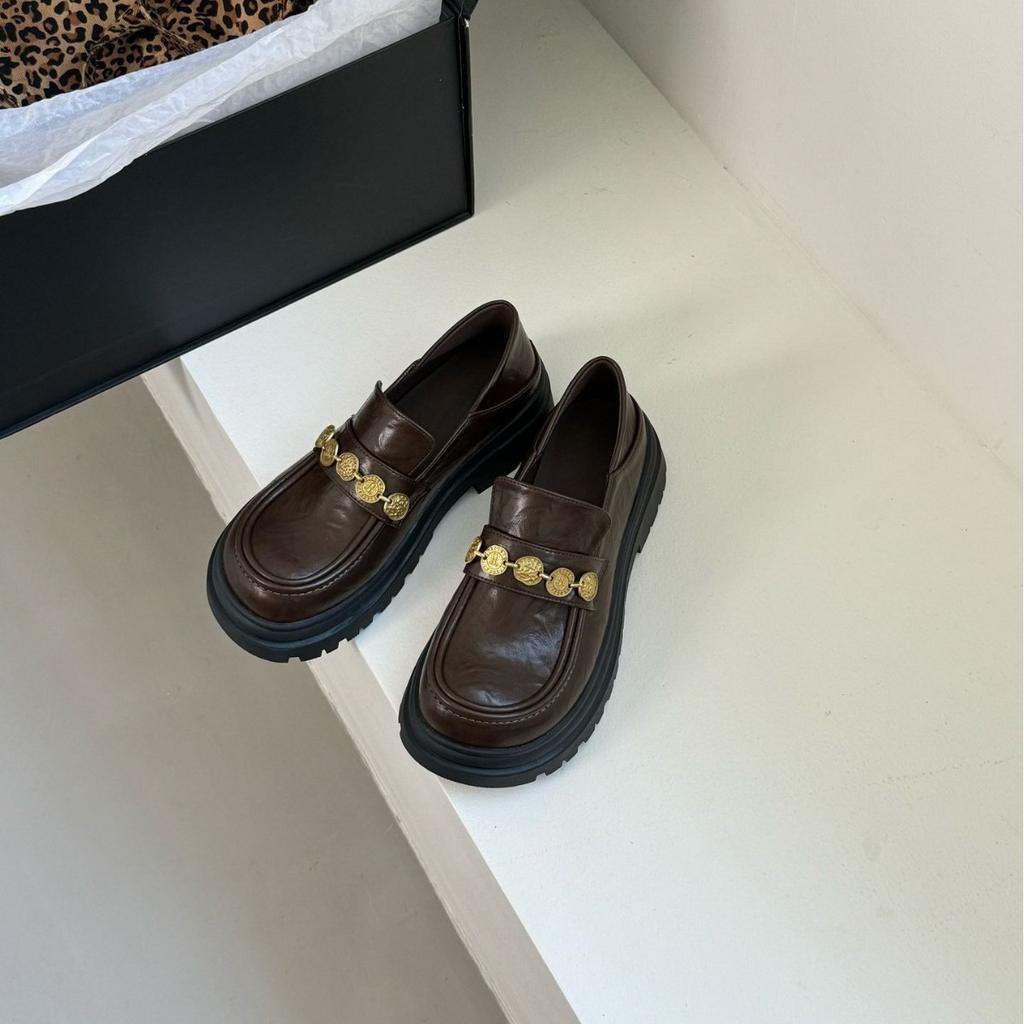 Spring new loafers women's small gold coins with retro British style small leather shoes women's versatile women's shoes