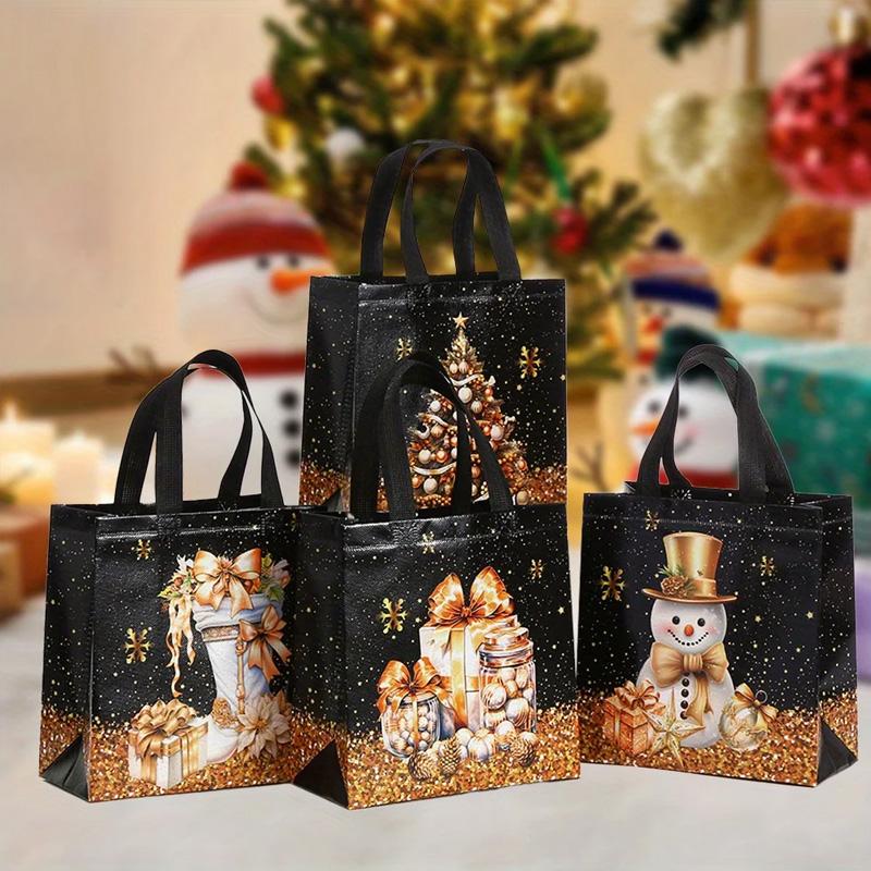 1 STuks met Handvatten Sneeuwpop Cadeautassen Zwart & Gouden Kerstboom & Kous Ontwerp Tote Bags Waterdicht