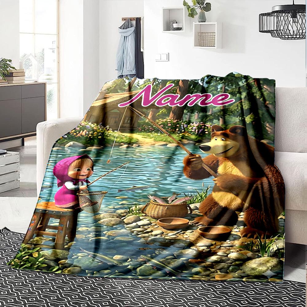 Custom Name Bear Family Adventure flannel Blanket for Super Soft Cute Comfort Blanket for Travel Bedding Couch Sofa Blanket