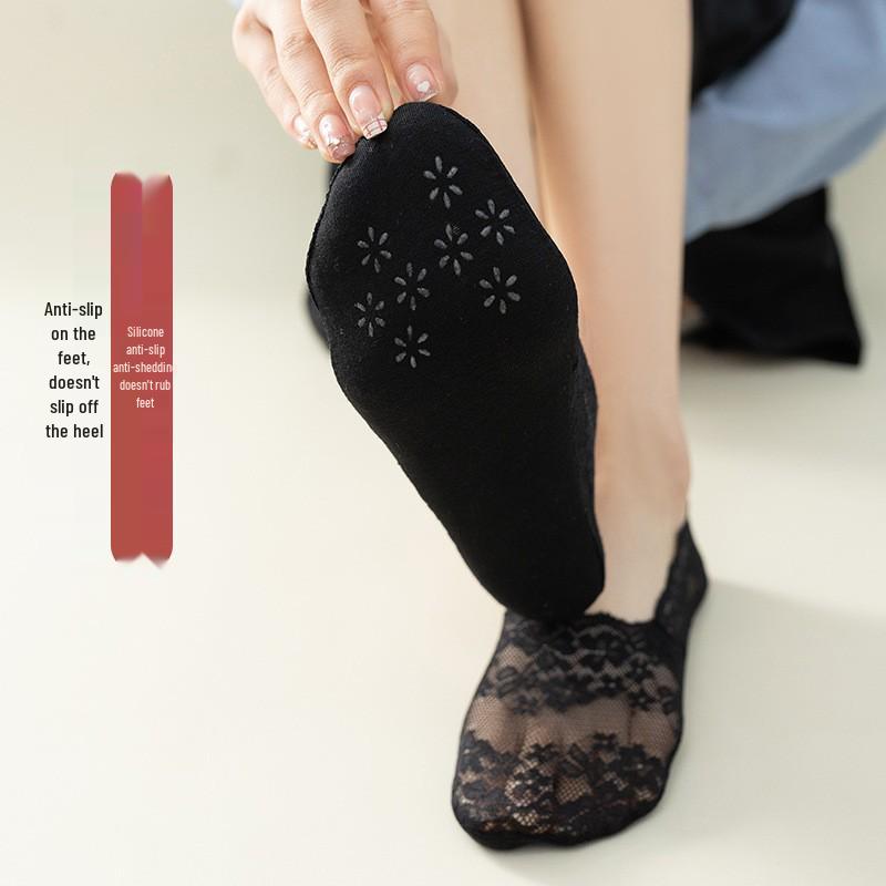 Cherry Blossom Lace-Trim Invisible Non-Slip Boat Socks - Breathable No-Show Summer Footwear