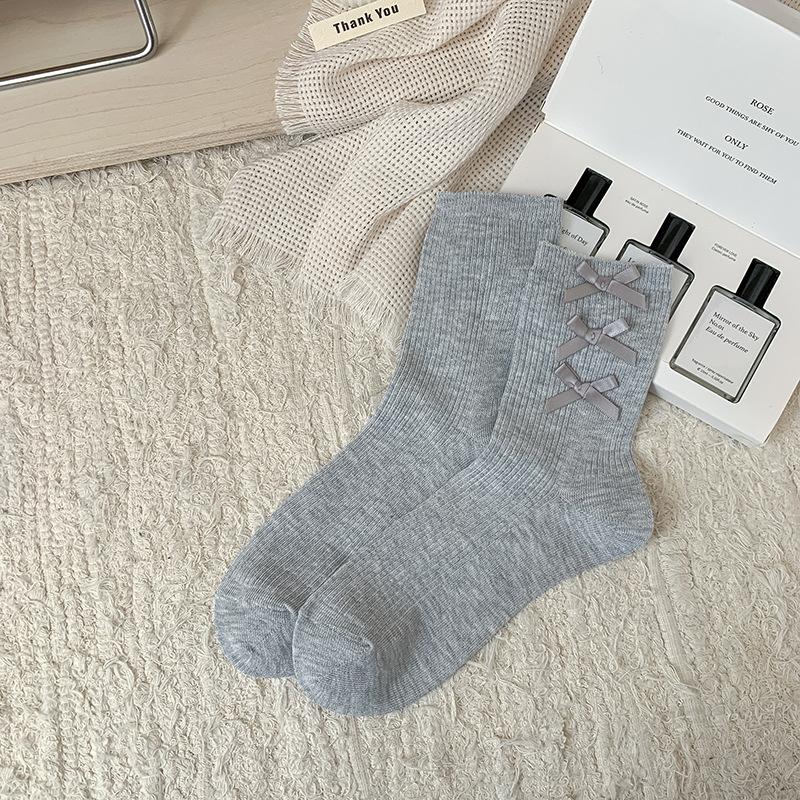 

Носки с бантами для девочек, носки гольфы однотонные средней высоты из хлопка в стиле Лолита Мэри Джейн, универсальные для весны и осени 1 pair серый