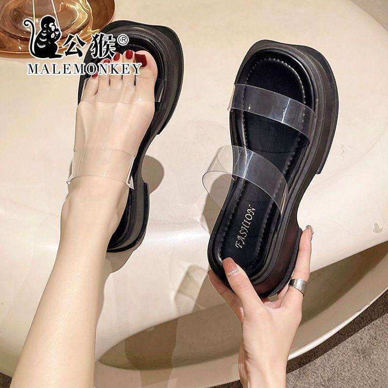 Korean Version of High-end Niche Transparent Cool Slippers Women's New Thick-soled Heightening Casual One-word Slippers In Summer 2025