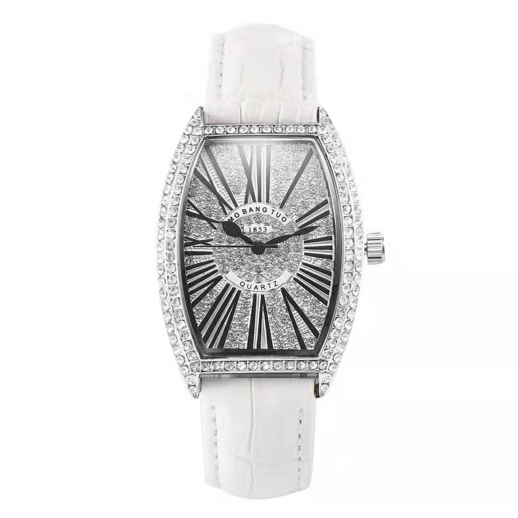 Voll Diamant Digitales Zifferblatt Mode Damen Armbanduhr Weinfass Lederarmband Studenten Trend Uhr