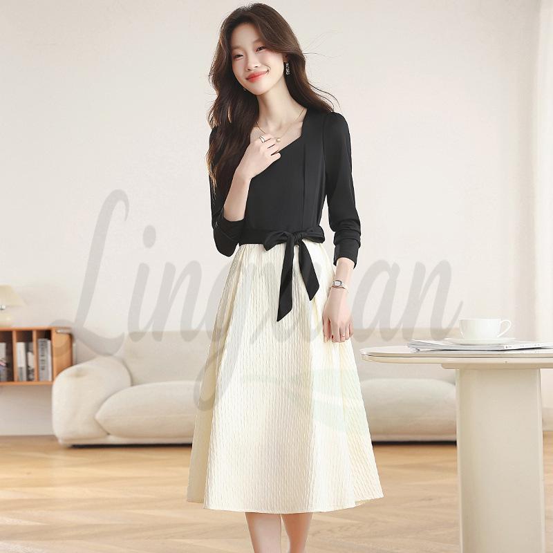 Women s Autumn French-Style Square Neck Dress: Black & White Long Sleeve Slim Fit 2XL чёрный