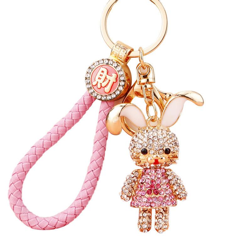 Cute Creative Metal Rabbit Keychain With Rhinestone Flower Dress For Women Gifts