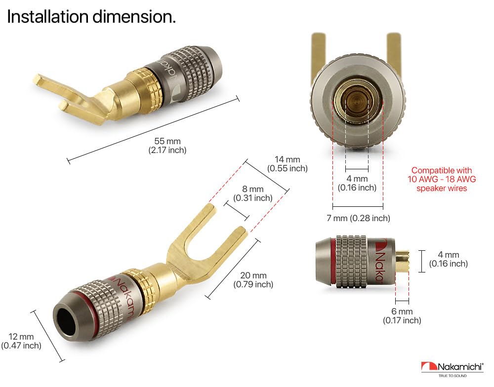 Nakamichi FanLock Excel 24k Gold Plated Spade Connector Banana Plug 10-18 AWG 4mm Hi-Fi Audio Speaker Amp 12pcs (6 Pairs)