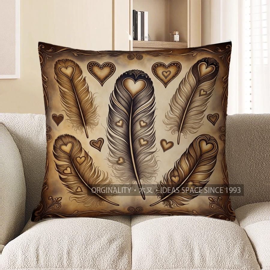 2D Feathers & Hearts Decorative Pillow Covers Pattern Cushion Cover Suitable For Sofa Bedroom Car Pillow Cover