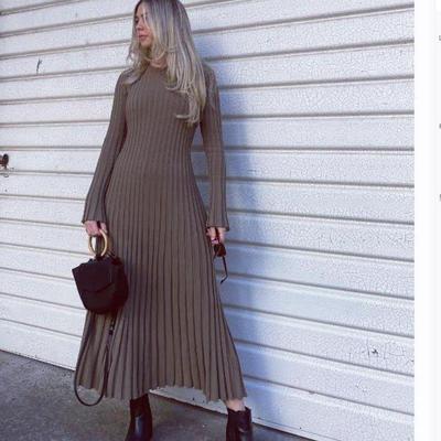 2023 Autumn Slim Fit Maternity Striped Knit Dress - Round Neck, Long Sleeve