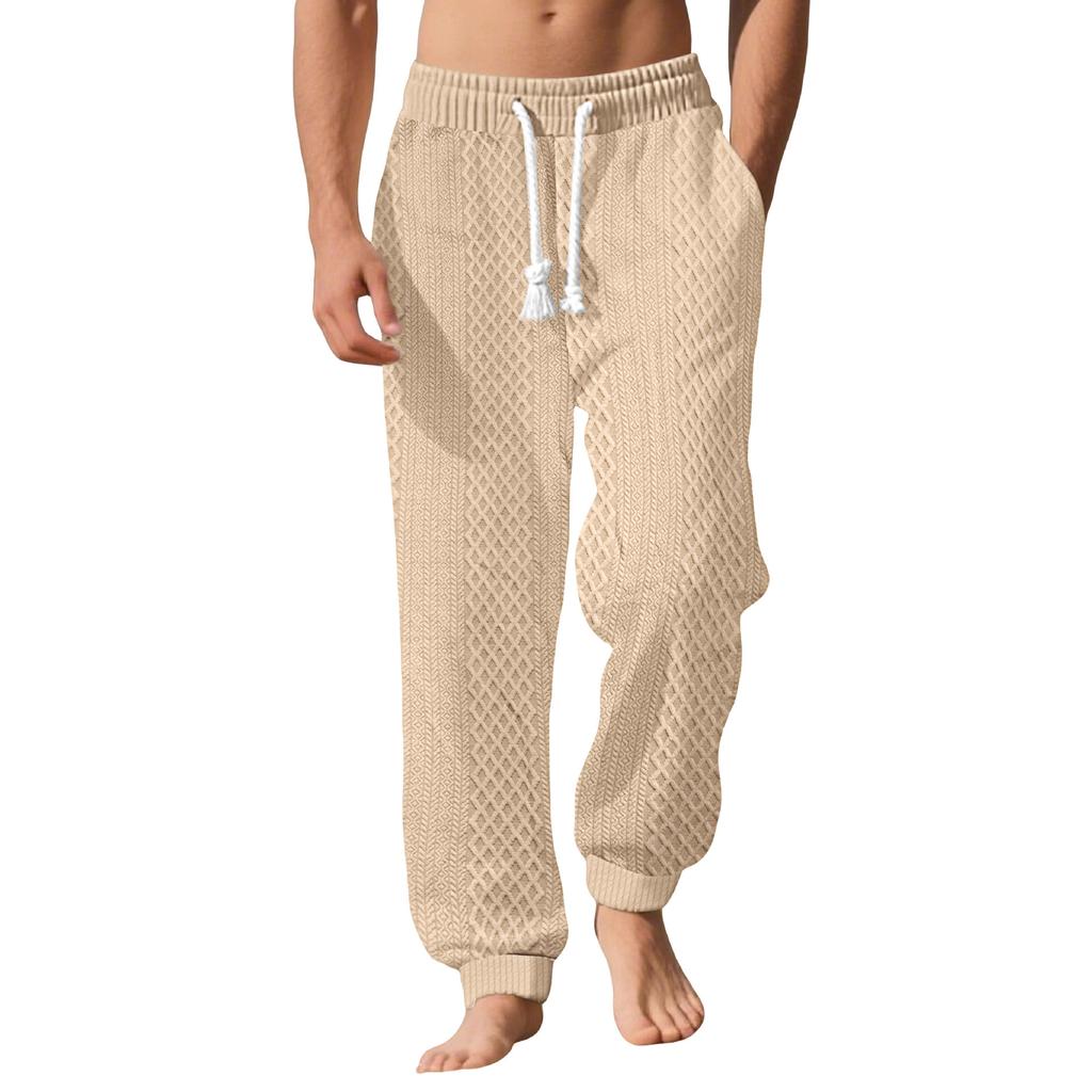 Men's Casual Waffle Pants Lightweight Stretch Joggers Trousers Ribbed Jacquard Knit Textured Drawstring Pants with Pockets Workout Sweatpants for Men