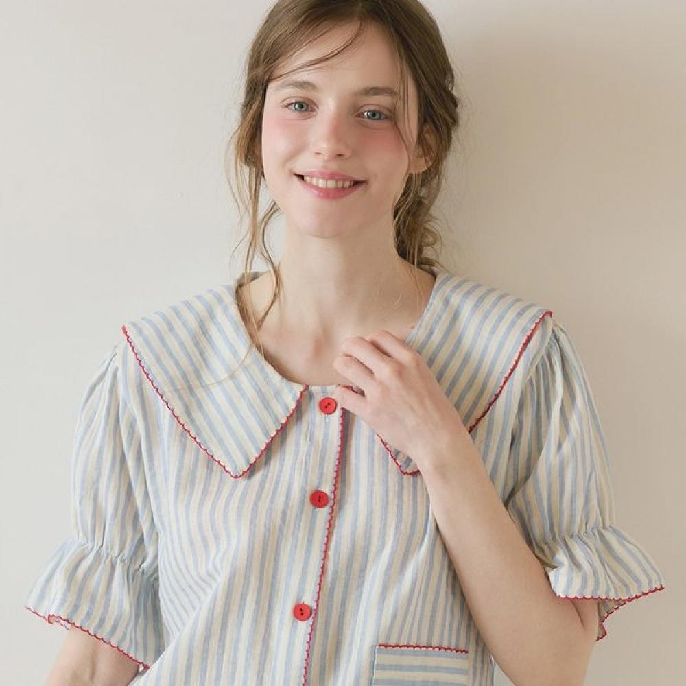 Lunaluz Women Cotton Short Sleeve Sailor Collar Two Piece Pajamas