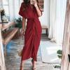 2026 Womens Elegant V-Neck Wrap Tie High-Waist Floral Print Long Dress Slim Fit Casual Office Wear