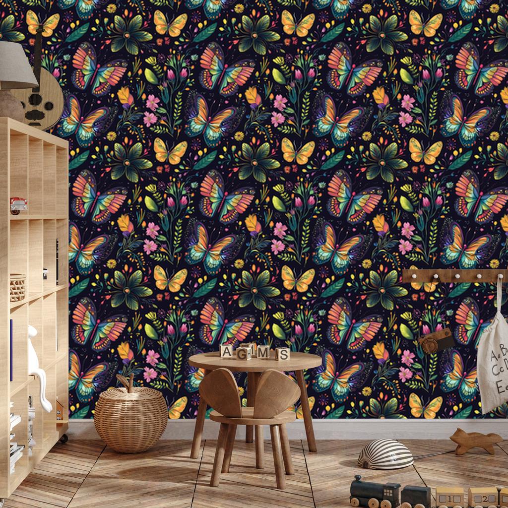 Wallpaper Colorful Butterflies Navy Blue and Indigo for Living Room and Bedroom 50x1000