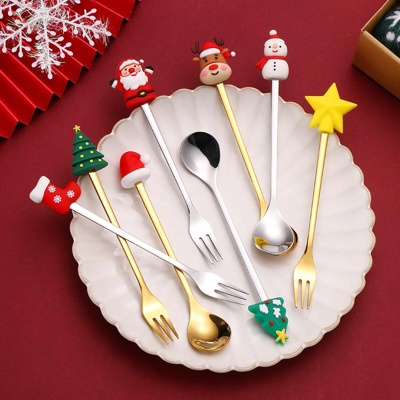 6/4PCS Christmas Gift Glod Silver Spoon Fork Set Elk Christmas Tree Decoration Dessert Scoop Fruit Fork Coffee Spoon Cutlery Set