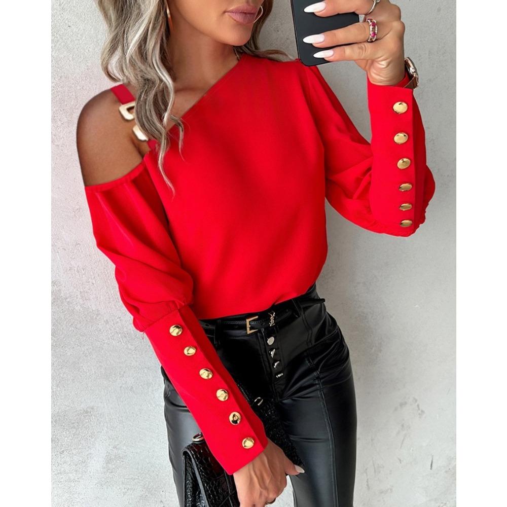 Women’s Plain-Coloured Metal-Buttoned Off-the-Shoulder Button-Up Shirt for Autumn/Winter