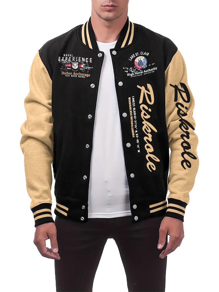 Men's Stand Collar Letter Print Baseball Cardigan Jacket