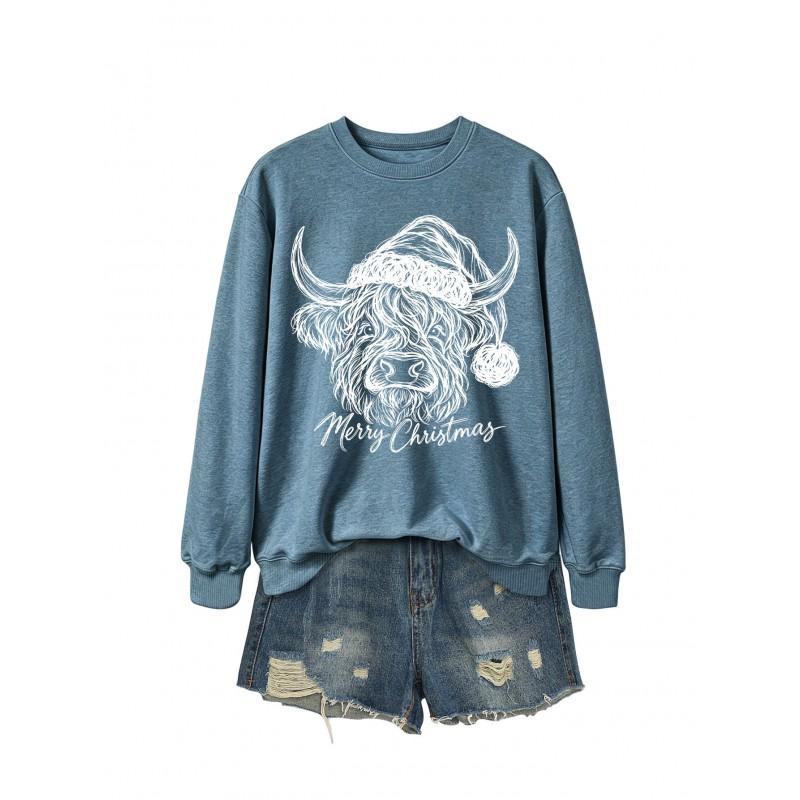 Womens Casual Fashion Christmas Yak Head Print Crewneck Sweatshirt Regular Fit Daily Wear