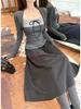 Korean Style Striped Spliced Two-Piece: Women's Winter Cotton T-Shirt & Black Woollen Midi Skirt Set