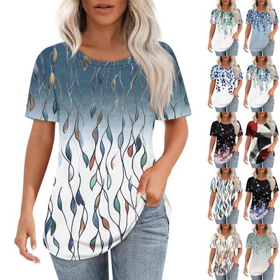 T-Shirts für Damen, plissiert, Rundhalsausschnitt, elegant, lässig, Blusen, bedruckt, kurzärmelig, Sommeroberteile, lockere Passform