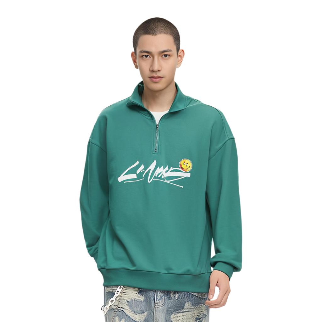 Li Ning X OG Slick Collaboration Letter Stand Collar Pullover Loose Sweatshirt Unisex sweatshirt Frost-Green AWDT445-5
