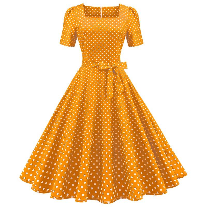 Z Retro Women's Clothing Temperament Square Neck Short-sleeved Polka Dot Printing Waist Pendulum Dress