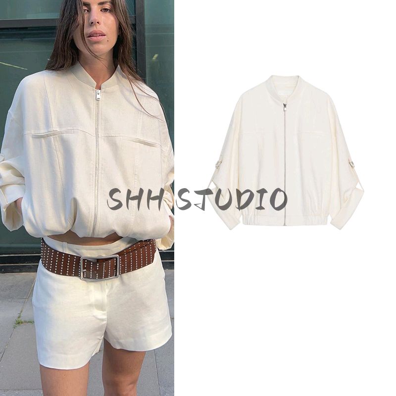 Summer New Product Women's Clothes Minimalist Stand Collar Long Sleeves Linen Blended Roll-up Sleeve Jacket Outwear 3653724
