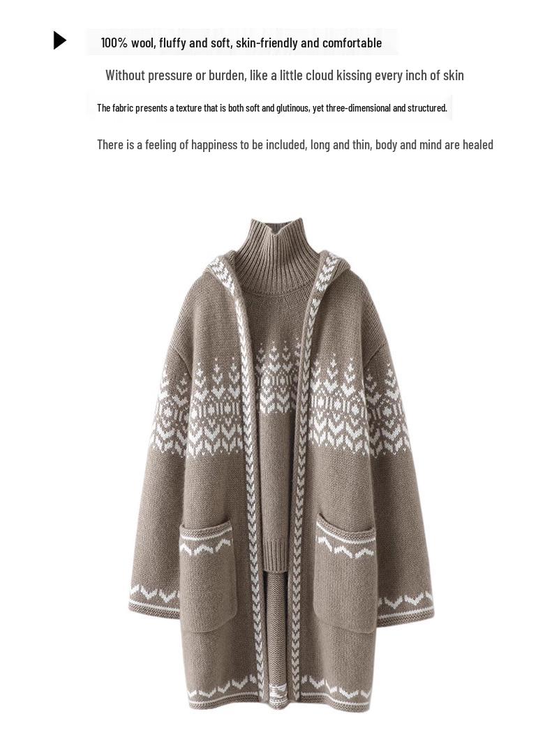 

Женский кардиган-пальто с капюшоном, толстой вязки из чистой шерсти, с цветными блоками - Свободный, теплый жаккардовый верх Medium