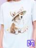 Women's T-shirt with a Signature Print Featuring a Cheerful Red Corgi Dog In a Distinctive Brown Hat with Flowers. White Cott