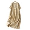 Real Shot Summer New Cotton and Linen Literary and Retro Medium and Long Short-sleeved Dress Women
