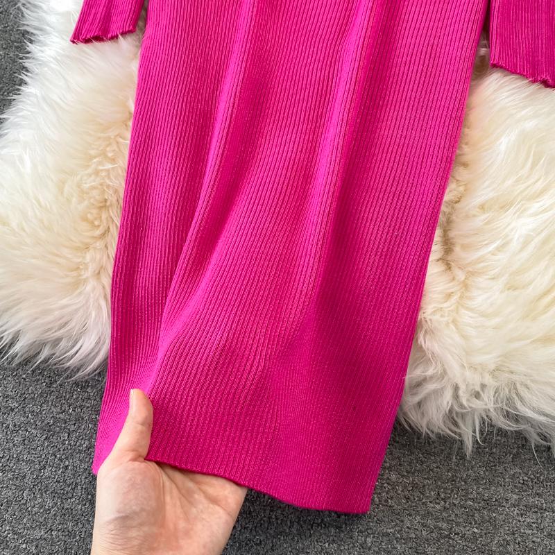 RUGOD Jarní a podzimní nové Retro elegantní a sexy Slim Fit Pletené šaty s dlouhým rukávem a výstřihem do V