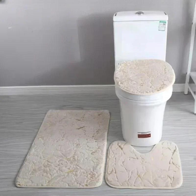 3pcs Set Flannel Carpet Bathroom Floor Pat Toilet Stripe Printing Anti Slip Wear-resistant Mats Bathroom Shower Rugs Toilet Mat