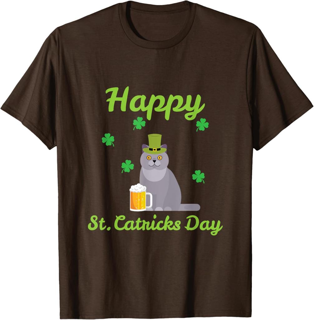 St Catricks Day Funny Cat Wearing Leprechaun Hat Beer Graphic Tee Casual TShirt