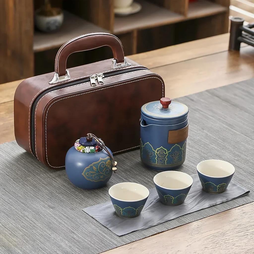 1Set-Travel Tea Set Portable Kung Fu Tea Set Ceramic Teapot Tea Canister Tea Cup Outdoor Quick Cup Tea Canister Leather Bag
