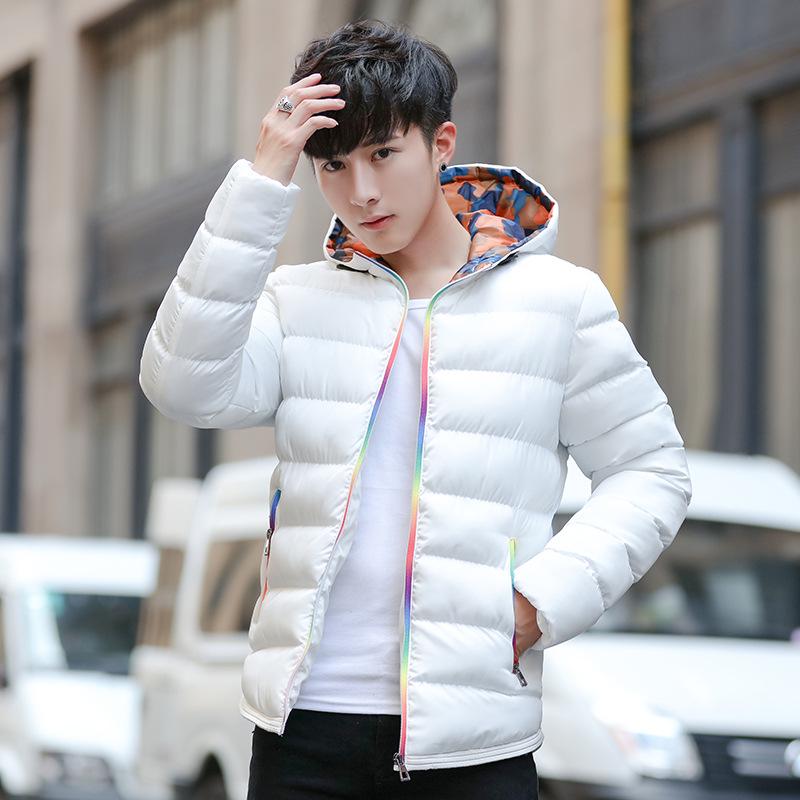 

New men s cotton-padded clothes, fashionable and versatile winter coats, cotton-padded clothes hooded with colorful waterproof zippers M білий