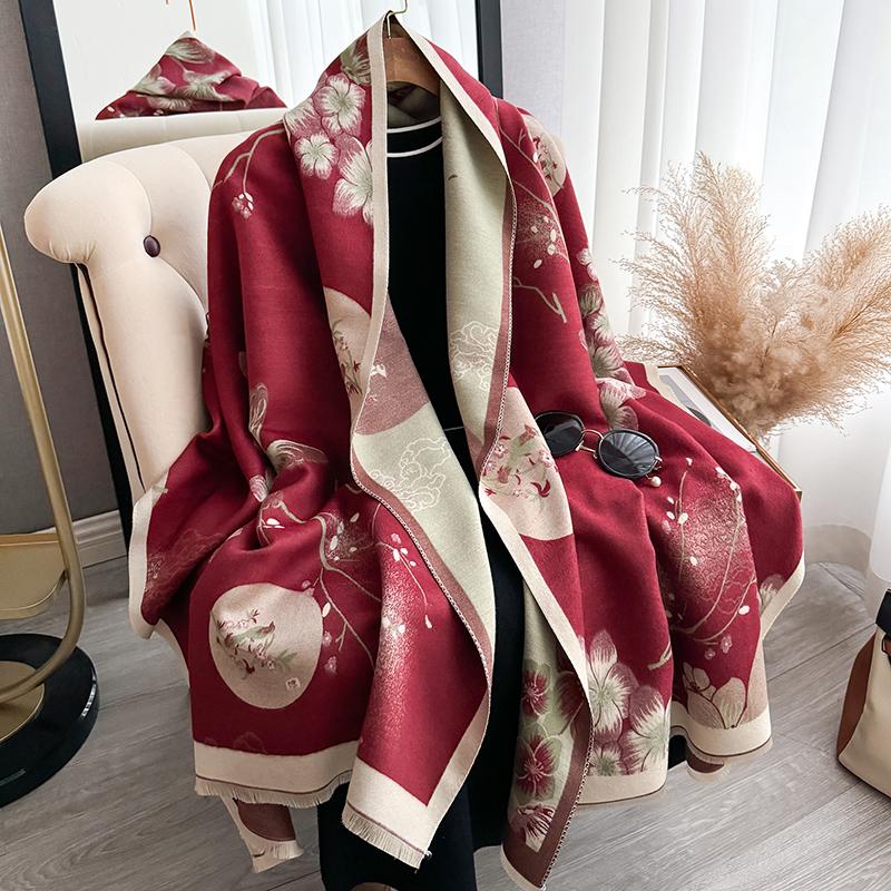 Eșarfă de Toamnă și Iarnă Îngroșată de Designer pentru Femei Eșarfă de Lux cu Flori Față-Verso Faux Cașmir Șal Călduros Nou