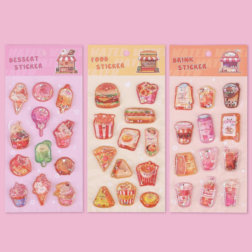 3D Embossed Crystal Children Stickers, Adorable Assorted Decals Cartoon Mini Hamburger Ice Cream Milk Tea 3D Journal Stickers