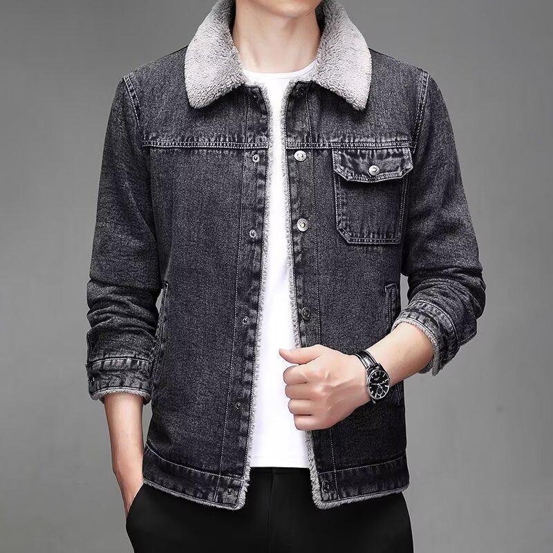 Black & Gray Men's Slim Lapel Denim Jacket with Velvet Lamb Plush, 2024 Korean-Style Winter Edition