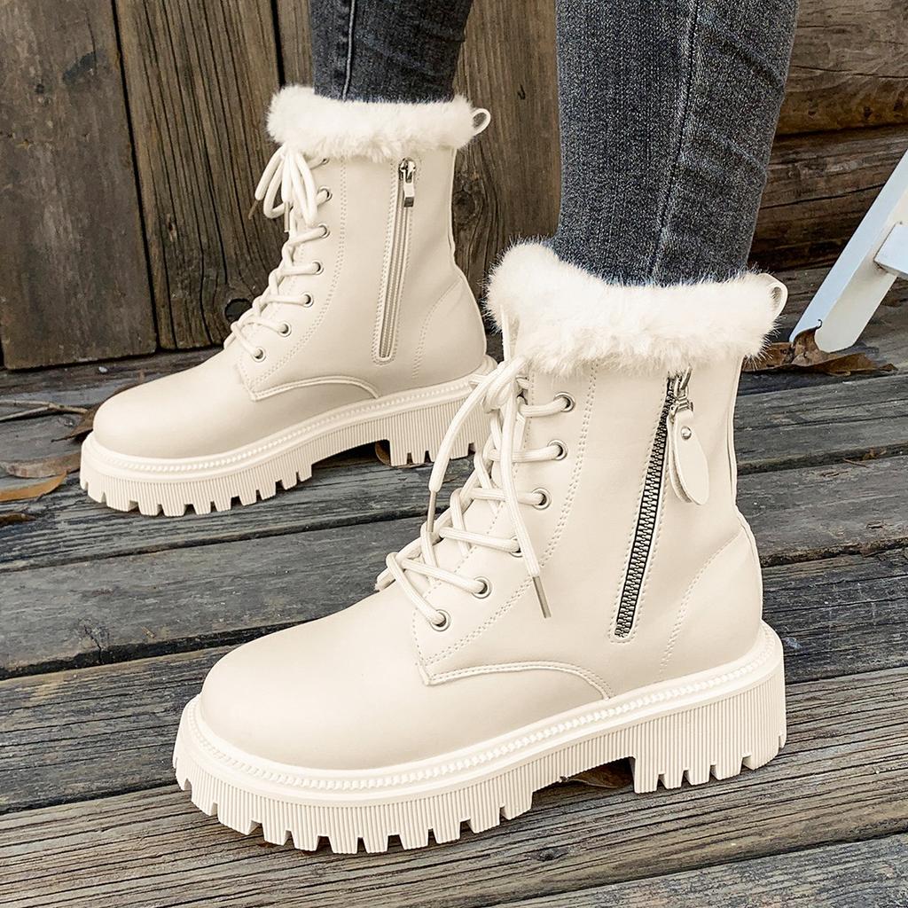 Women Ankle Boots Winter Cotton Shoes Fashion Round Toe Lace-Up Shoes Women Side Zip Platform Non-Slip Booties Zapatos De Mujer