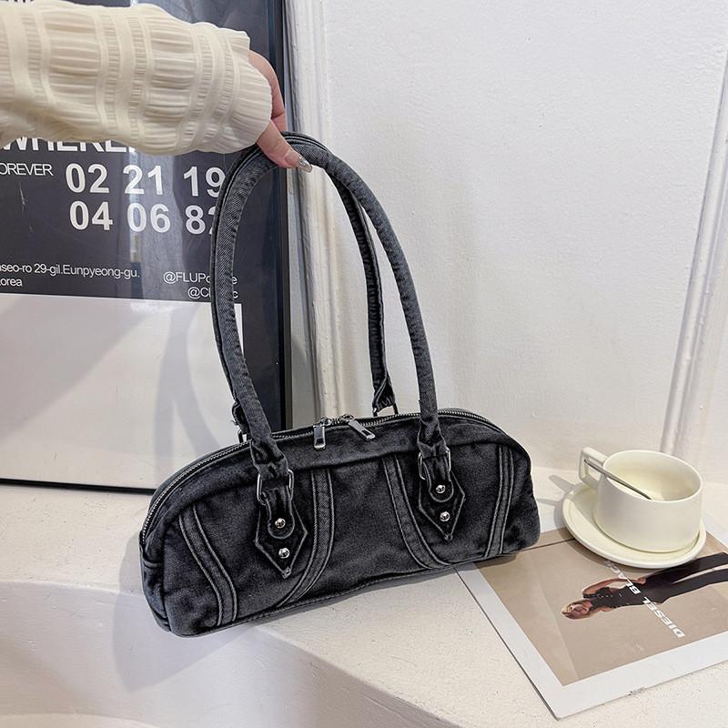 Denim Baguette Shoulder Bag For Women With Vintage Style And Zipper Closure For Daily Use