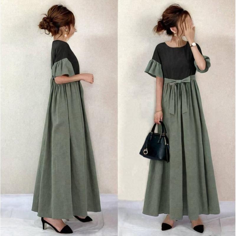 

Women s Flared Sleeve Patchwork Belt Dress L зелений